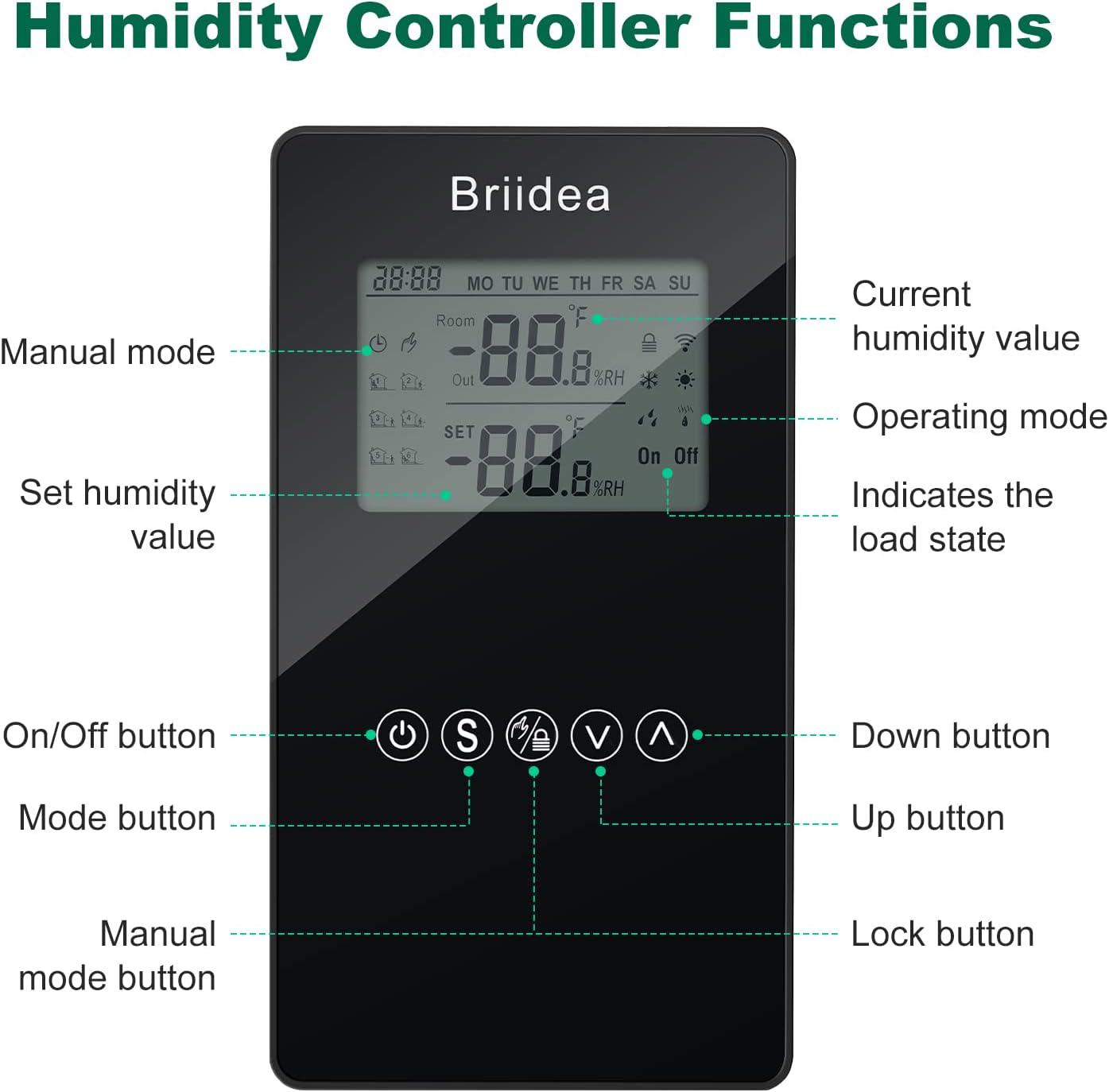 Humidity Controller, Briidea Pre-Wired Humidistat Humidifier Dehumidifier with LCD Display High Accuracy Humidity Sensor, Ideal for Greenhouse Mushroom Grow Tent