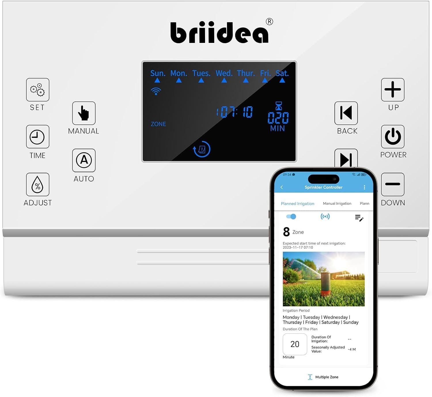 8 Zones WiFi Smart Sprinkler Controller, Briidea Automatic Irrigation Controllers with Customized Watering Schedule & Seasonal Adjustment, Save Water and Keep Your Plants Thrive - briidea