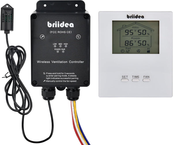 Briidea Wireless & Portable RF Remote Control Kit with Exclusive Temp/RH Detection and Large Display Screen, Compatible with Quiet Cool Whole House Fan and All 1 2 3 Speed Exhaust Fans