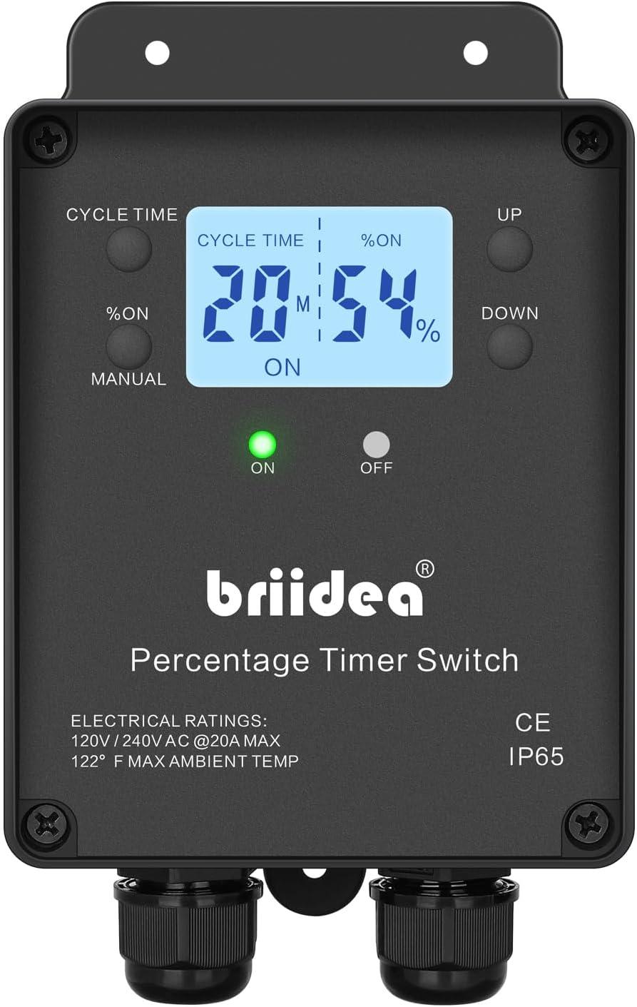 Briidea Percentage Timer Switch, Intelligent Digtal Display with White Backlighting, S/M/H Selectable Time Unit, Customizable Cycle Time Set Value, 20A Load /2 HP Motor, 120/240 VAC Input
