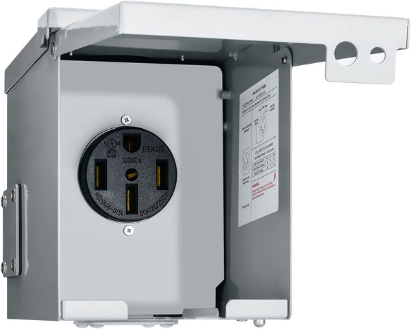 50 Amp RV Power Outlet Box, 125/250 Volt NEMA 14-50R RV Receptacle, Enclosed Weatherproof Lockable Outdoor Electrical Panel Outlet for RV Camper Travel Trailer Electric Car