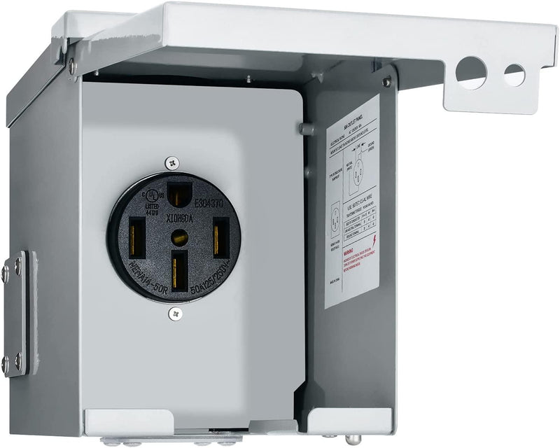 50 Amp RV Power Outlet Box, 125/250 Volt NEMA 14-50R RV Receptacle, Enclosed Weatherproof Lockable Outdoor Electrical Panel Outlet for RV Camper Travel Trailer Electric Car