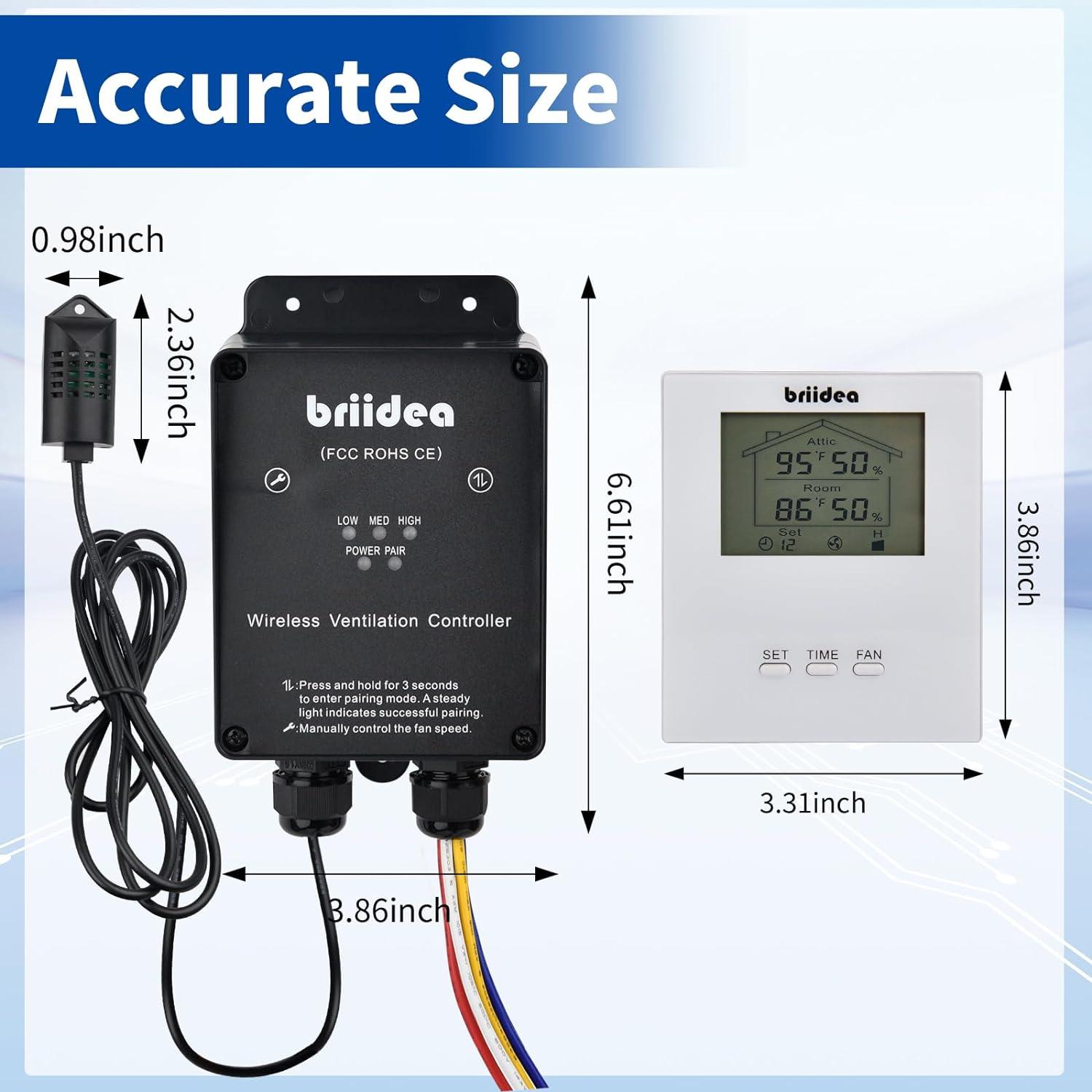 Briidea Wireless & Portable RF Remote Control Kit with Exclusive Temp/RH Detection and Large Display Screen, Compatible with Quiet Cool Whole House Fan and All 1 2 3 Speed Exhaust Fans