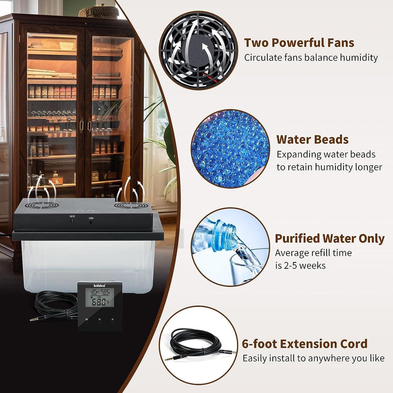 Briidea Electric Humidifiers for Cabinet (10-50 Cubic Ft.), 60% RH~80% RH Humidity Setting Values, Perfect Monitoring Temperature and Humidity, 12V Adapter Power Supply