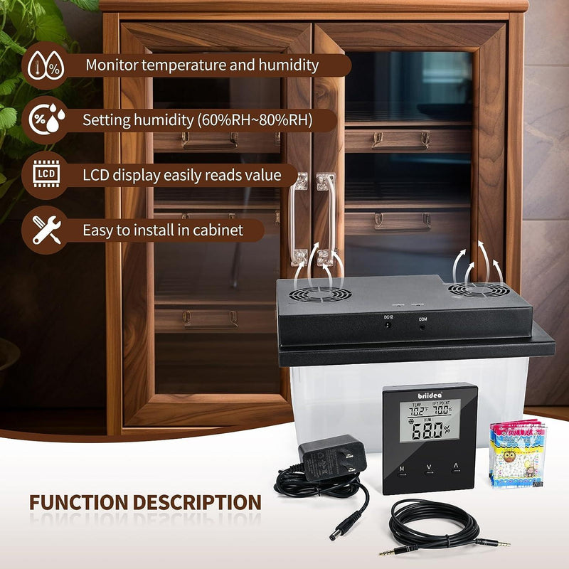 Briidea Electric Humidifiers for Cabinet (10-50 Cubic Ft.), 60% RH~80% RH Humidity Setting Values, Perfect Monitoring Temperature and Humidity, 12V Adapter Power Supply