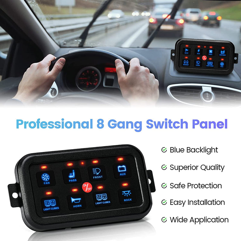 8 Gang Switch Panel, Briidea Switch Panel for Car with All Metal Housing, Multifunction 12V-24V, Ideal for Car, Golf Cart, ATV, UTV, RV, Truck, Enhance Your Driving Experience