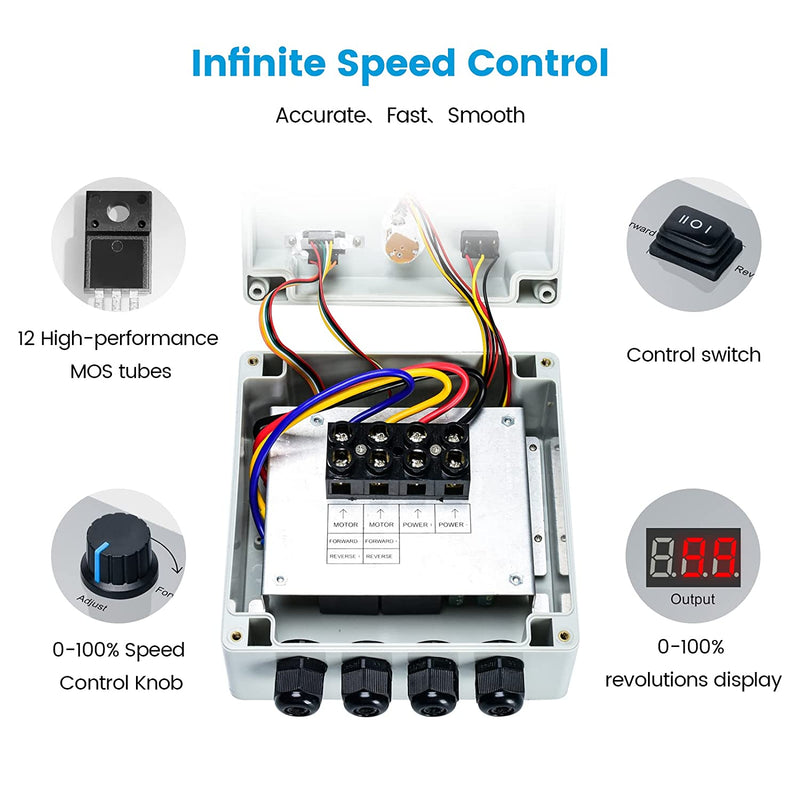 PWM Controller, Briidea DC 12-48V 35A Waterproof Motor Speed Controller with Forward-Brake-Reverse Switch, Adjustable Potentiometer and LED Display, Easy Assembly, Perfect for Trolling Boat Motor
