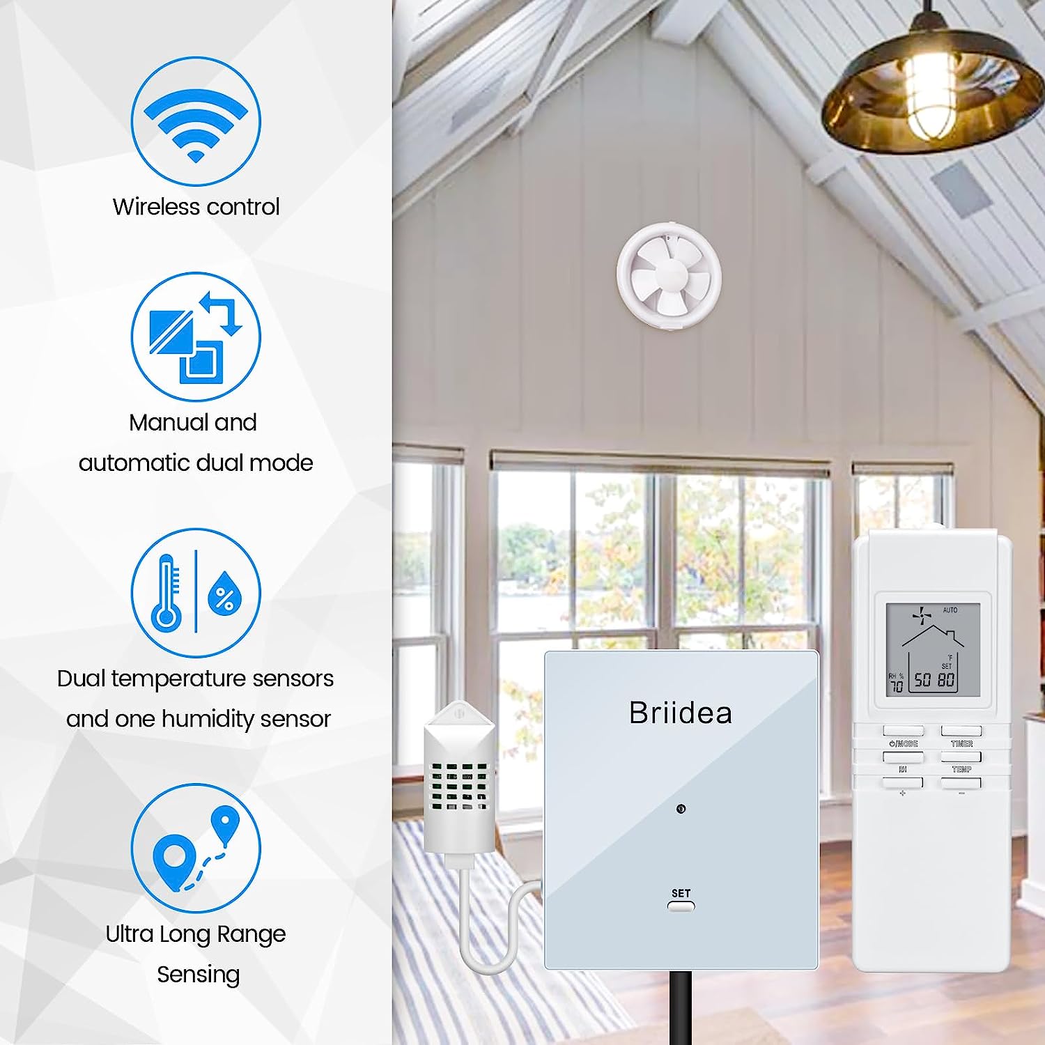 briidea Exhaust Fan Remote Control Kit, Attic Fan Thermostat Control Kit with Temperature & Humidity Sensor for Achieving a Cool and Dry Attic, Easily Convert Your Hardwired Fans to Smart Fans