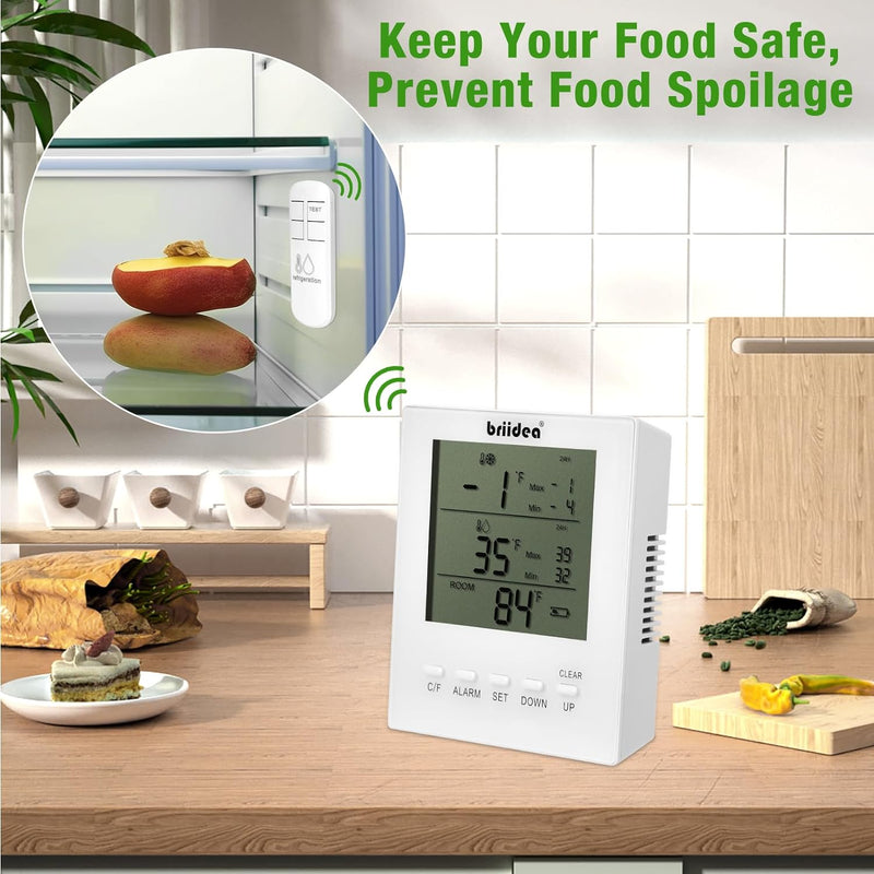 HRTC-01 Freezer Temperature Alarm, Briidea Wireless Fridge and Freezer Thermometer with Alarm, Max/Min Temperature Alerts for Kitchen, -40℉ to 99℉ Temperature Range, Prevent Food Spoilage