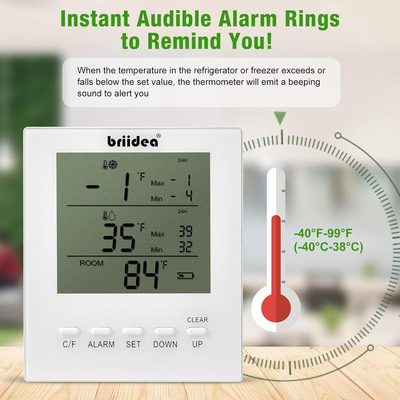 HRTC-01 Freezer Temperature Alarm, Briidea Wireless Fridge and Freezer Thermometer with Alarm, Max/Min Temperature Alerts for Kitchen, -40℉ to 99℉ Temperature Range, Prevent Food Spoilage