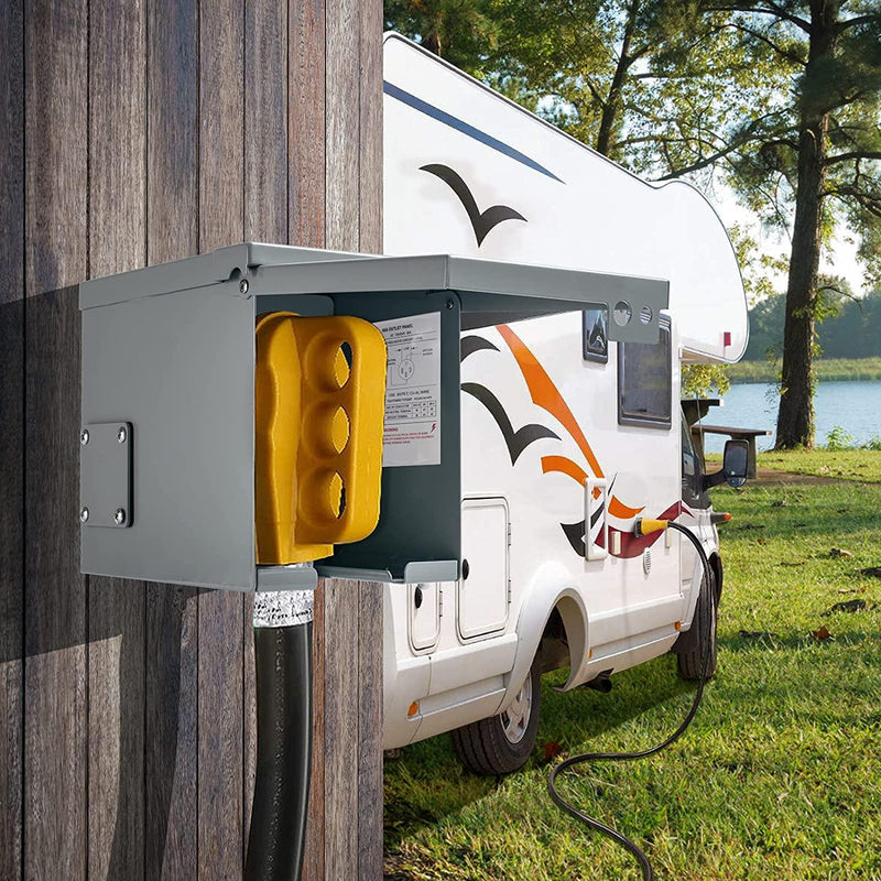 50 Amp RV Power Outlet Box, 125/250 Volt NEMA 14-50R RV Receptacle, Enclosed Weatherproof Lockable Outdoor Electrical Panel Outlet for RV Camper Travel Trailer Electric Car