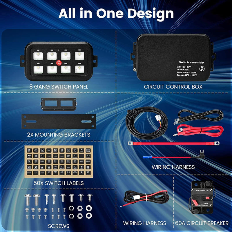 8 Gang Switch Panel, Briidea Switch Panel for Car with All Metal Housing, Multifunction 12V-24V, Ideal for Car, Golf Cart, ATV, UTV, RV, Truck, Enhance Your Driving Experience