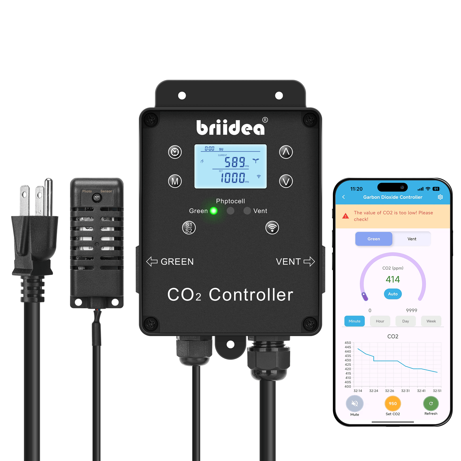 Briidea Wi-Fi CO2 Controller for Grow Tent, Two-Plug System for CO2 Regulatos and Inline Exhaust Fans, Smart Environmental WiFi-Controller to Adjusts