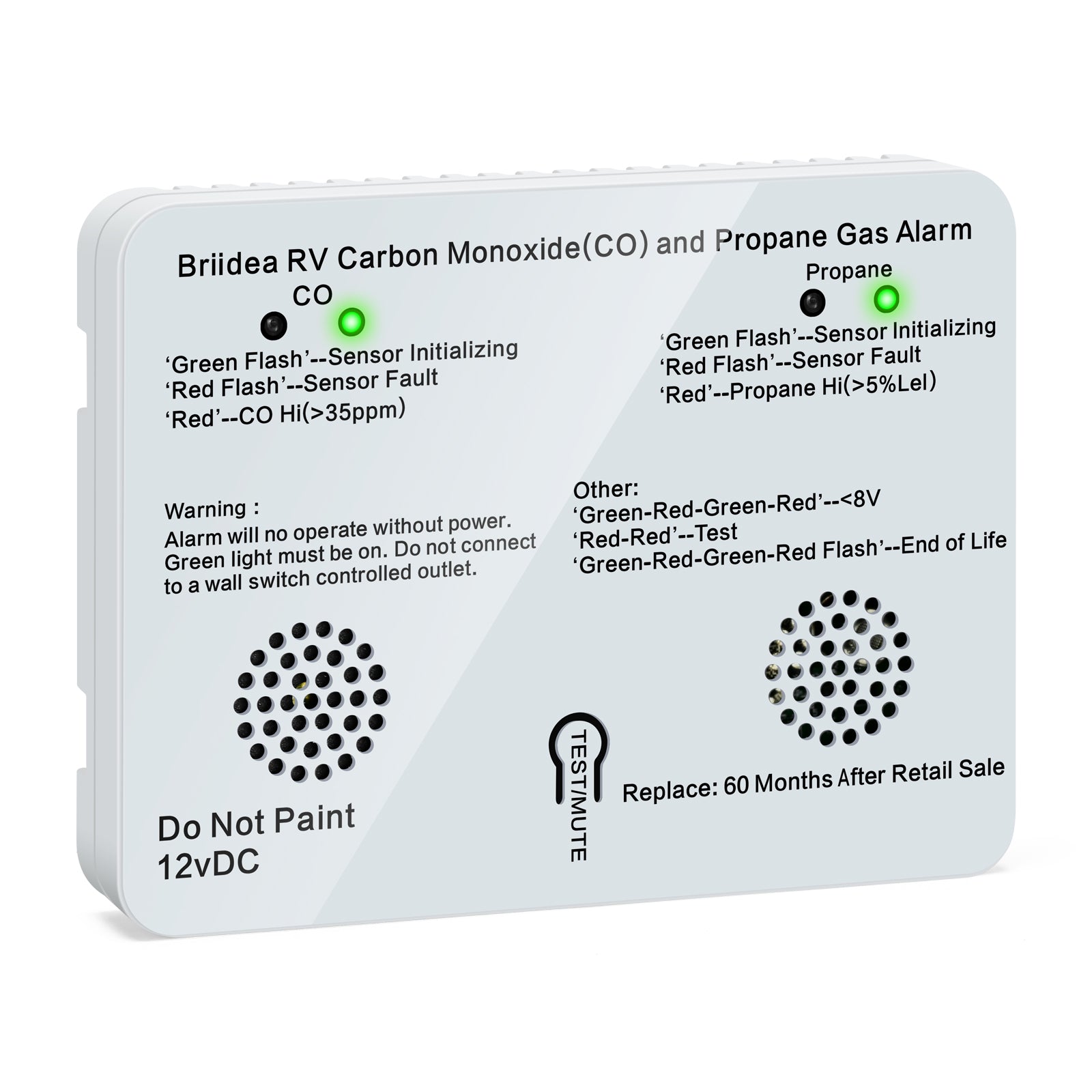 RV Carbon Monoxide & Propane Gas Alarm, Dual LP/CO Alarm with LED Indi ...