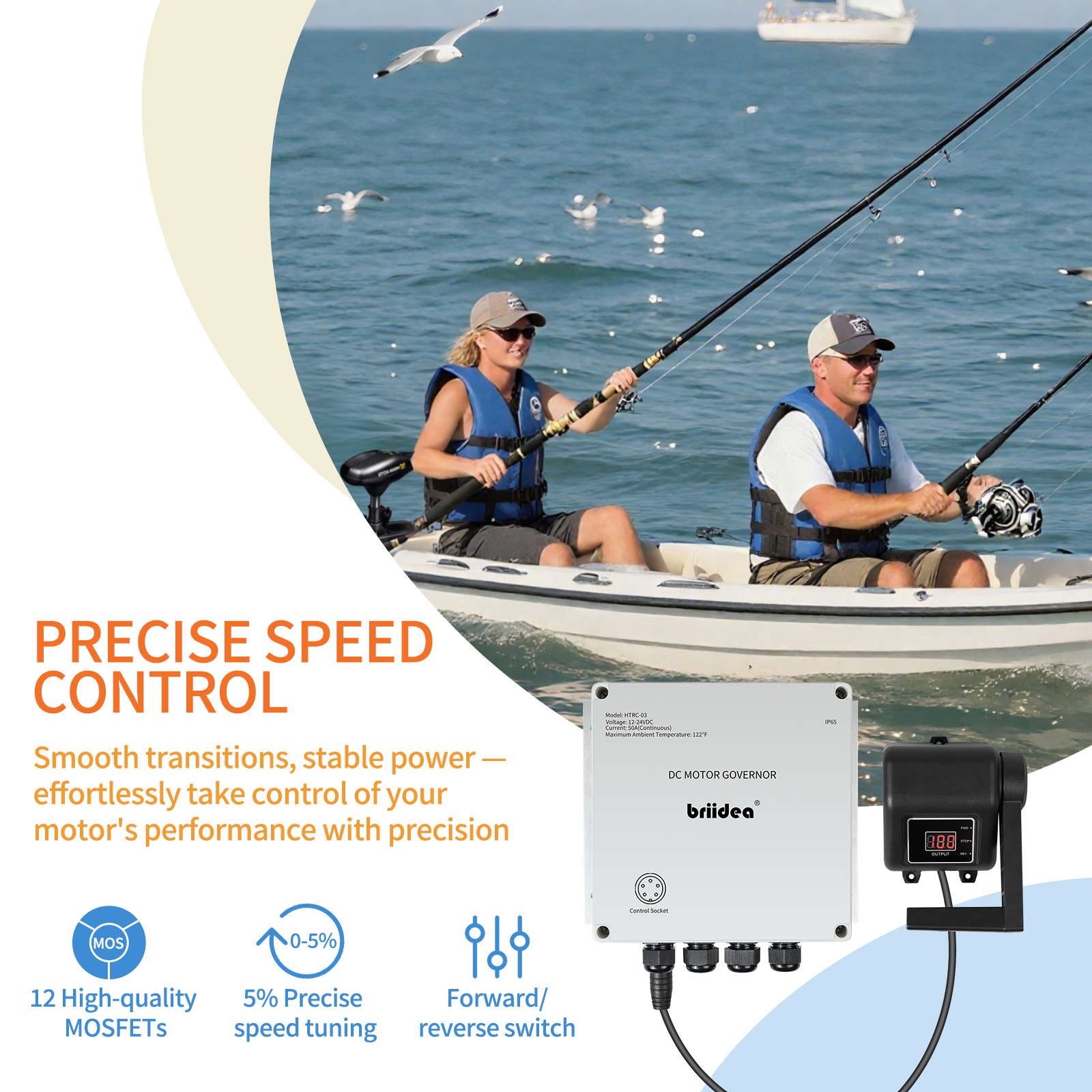 Produktbild von Briidea PWM Controller (2025) – 12V/24V 50A Drehzahlregler Mit Griff, Not-Aus & IP65 – Für 25 Kg Trolling-Motoren, Wasserdicht & überhitzungssicher