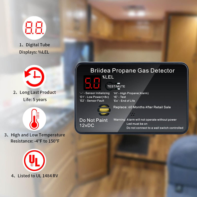 Briidea RV Propane Alarm, Propane Gas Detector with 85dB Loud Alarm, 12 VDC