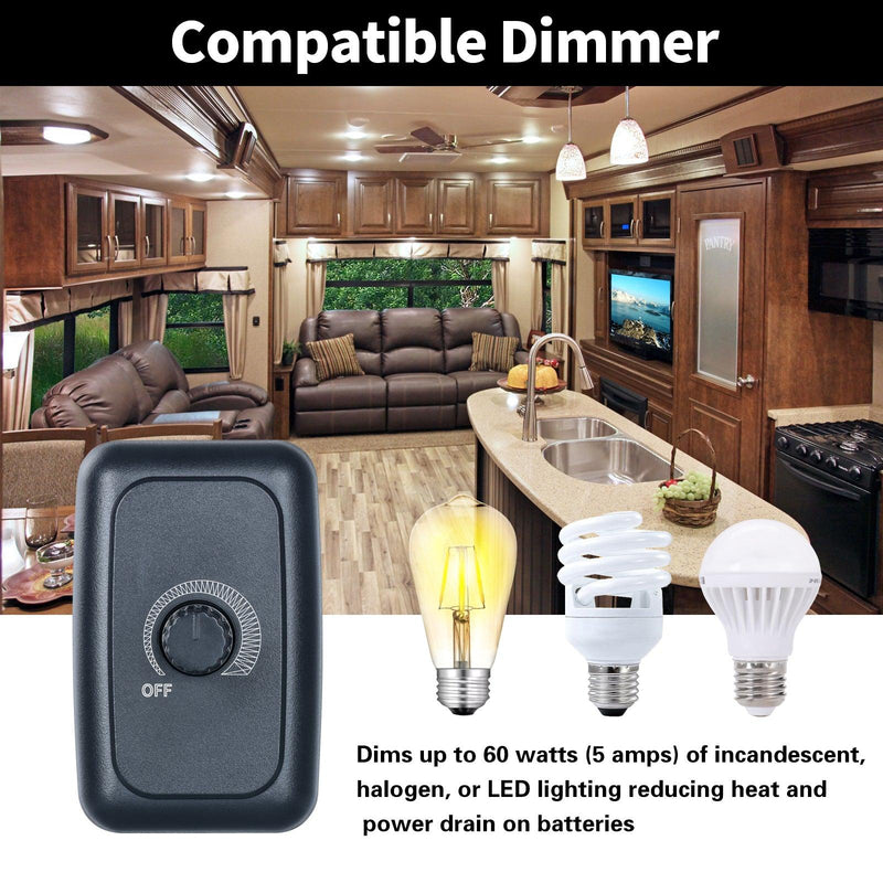 12V Dimmer Switch, Briidea RV 12V 5A 60W Dimmer Switch for LED, Halogen, Incandescent, Used for RVs, Travel Trailers, Marine, Auto, Black