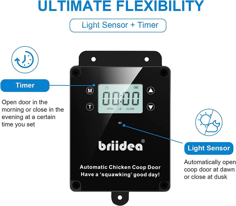 Automatic Chicken Coop Door, Briidea Waterproof Electric Auto Chicken Door Kit with Timer & Light Sensor, Battery Powered