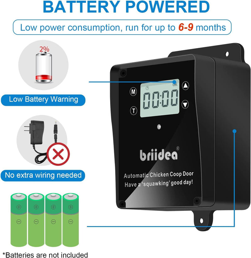 Automatic Chicken Coop Door, Briidea Waterproof Electric Auto Chicken Door Kit with Timer & Light Sensor, Battery Powered