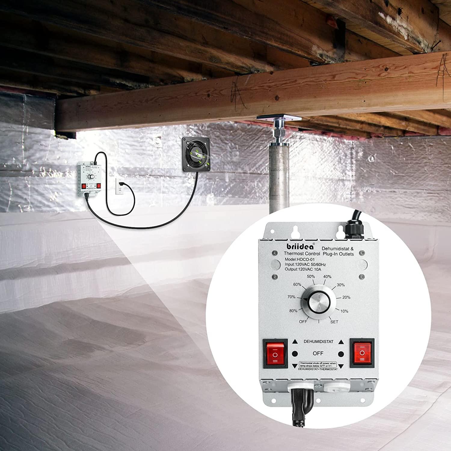 Crawl Space Humidistat Controller, Briidea Dehumidistat and Thermostat Control with 2 Plug in Outlets, Reduce the Crawl Space Humidity Level, Ideal for Basements, Attics, Garages