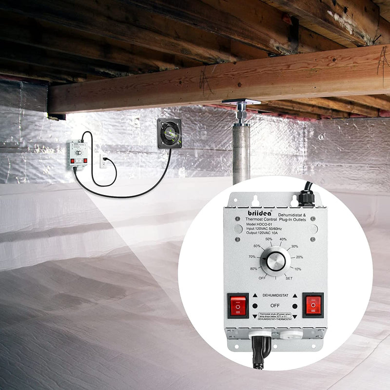 Crawl Space Humidistat Controller, Briidea Dehumidistat and Thermostat Control with 2 Plug in Outlets, Reduce the Crawl Space Humidity Level, Ideal for Basements, Attics, Garages