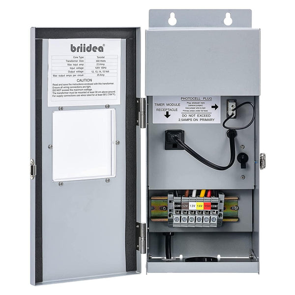 300W Multi-Tap Low Voltage Transformer for Landscape Lighting, Briidea Outdoor Transformer Convert 120V AC to 12V/13V/14V/15V AC, Heavy-Duty Stainless Steel Shield