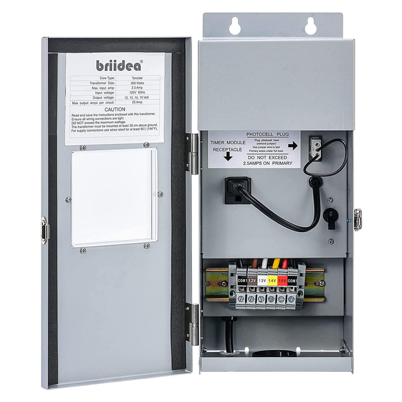 300W Multi-Tap Low Voltage Transformer for Landscape Lighting, Briidea Outdoor Transformer Convert 120V AC to 12V/13V/14V/15V AC, Heavy-Duty Stainless Steel Shield
