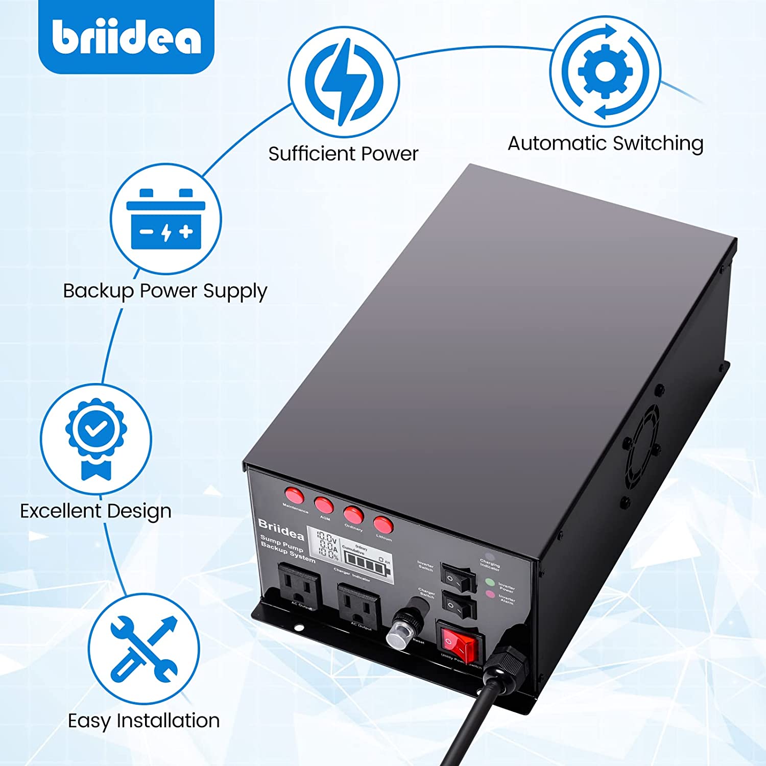 Briidea 1500W Sump Pump Battery Backup System - Auto Switches to Battery Inverter Power for Continuous Sump Pump Operation during Power Outages
