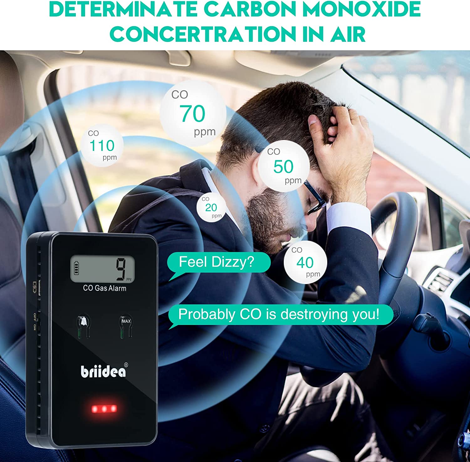 Carbon Monoxide Detector for Car, Briidea Low-Level Fast 9ppm Alarm CO Detector, Widely Used in Vehicles Aircraft Travel Bus Trucks, Black