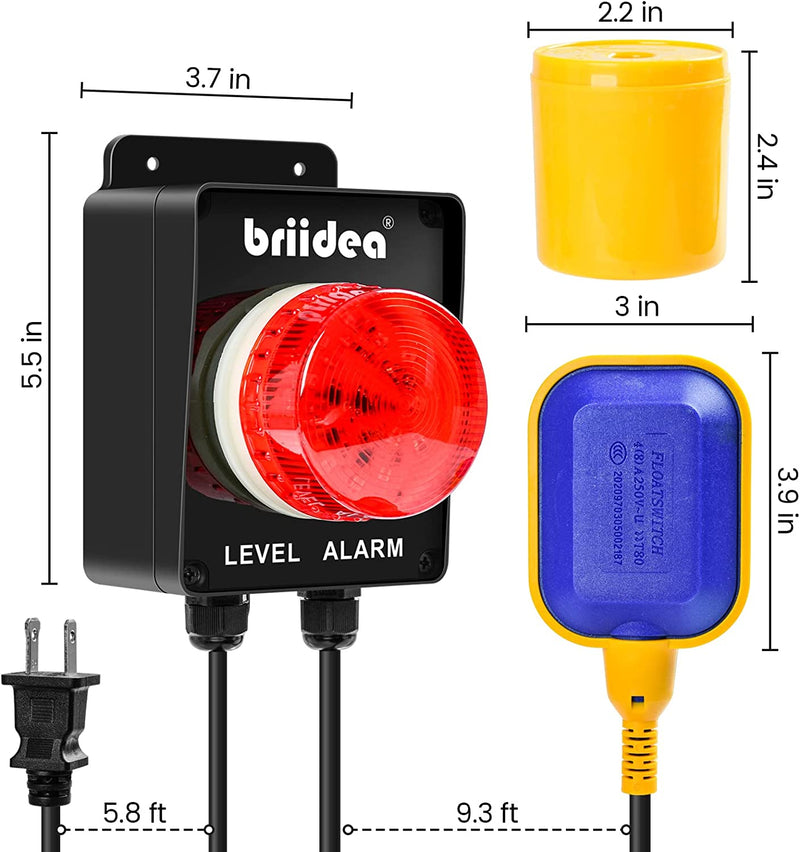 Sump Pump Alarm, Briidea Indoor/Outdoor High Water Septic Tank Alarm with 110dB Loud Alarm and Large LED Indicator, 10ft Level Float Switch, Ideal for Septic Sump Pump Pond Water Tank