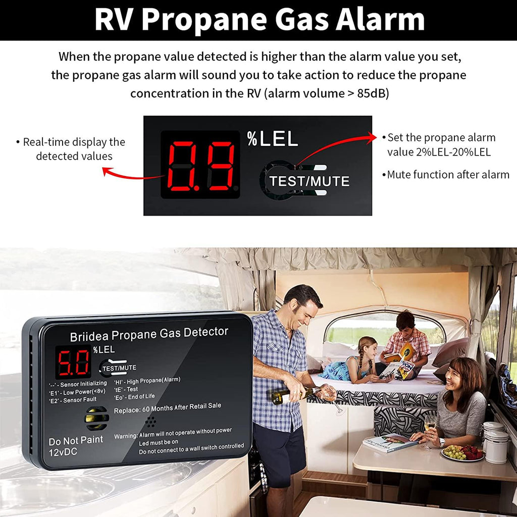 RV Propane Gas Detector, Digital RV Propane/LPG Gas Alarm, DC 12V -  Designed for Motorhome Travel. 85dB Alarm; (Surface ＆ Flush Mount- Black)