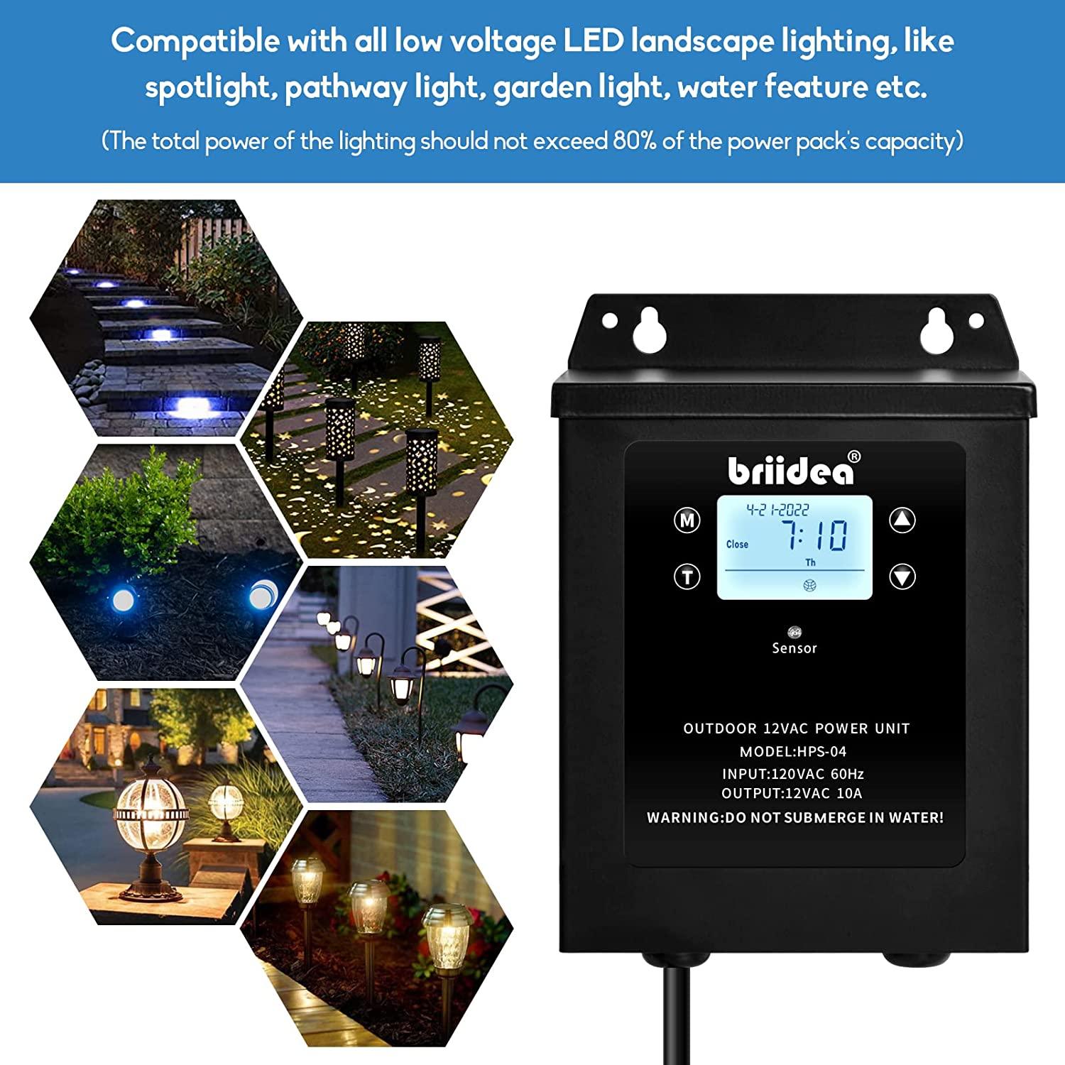 Low Voltage Transformer, Briidea 120W 120V AC to 12V AC Landscape Lighting Transformer with Built in Astronomical Timer and Dusk-to-Dawn Timer, Ideal for Spotlight Pathway Light