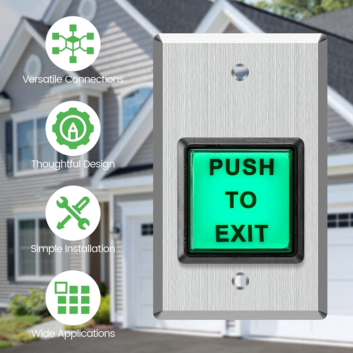 Push to Exit Button, Briidea Indoor Green Square Request to Exit Button with Green LED Square, Made of Stainless Steel, Sturdy & Durable