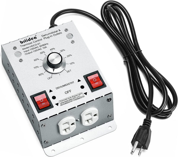 Crawl Space Humidistat Controller, Briidea Dehumidistat and Thermostat Control with 2 Plug in Outlets, Reduce the Crawl Space Humidity Level, Ideal for Basements, Attics, Garages