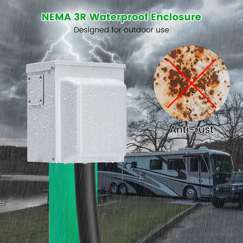 briidea 30 Amp Temporary RV Power Outlet with Breaker, Outdoor Breaker Box with NEMA 3R Waterproof Enclosure, Prewired, Five Pre-Reserving Holes for Easy Installation
