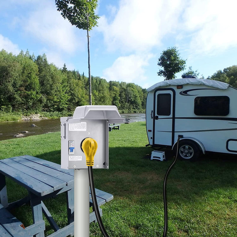 briidea 30 Amp Temporary RV Power Outlet with Breaker, Outdoor Breaker Box with NEMA 3R Waterproof Enclosure, Prewired, Five Pre-Reserving Holes for Easy Installation